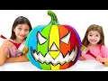 Adel and Angel is Coloring Halloween Pumpkin Family with Paints