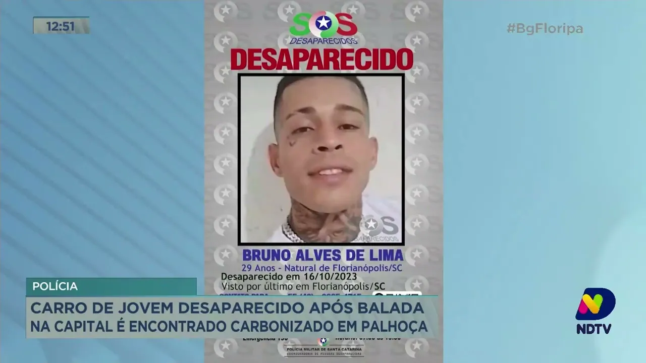 Carro de jovem desaparecido após balada é encontrado carbonizado, em Palhoça