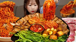 🥩요리먹방- 삼겹살김치구이 불닭볶음면 볶음밥🍜 돼지기름에 구운 묵은지에 불닭조합 😎한식 집밥 먹방👸SAMGYUPSAL MUKBANG ASMR EATINGSHOW REALSOUND
