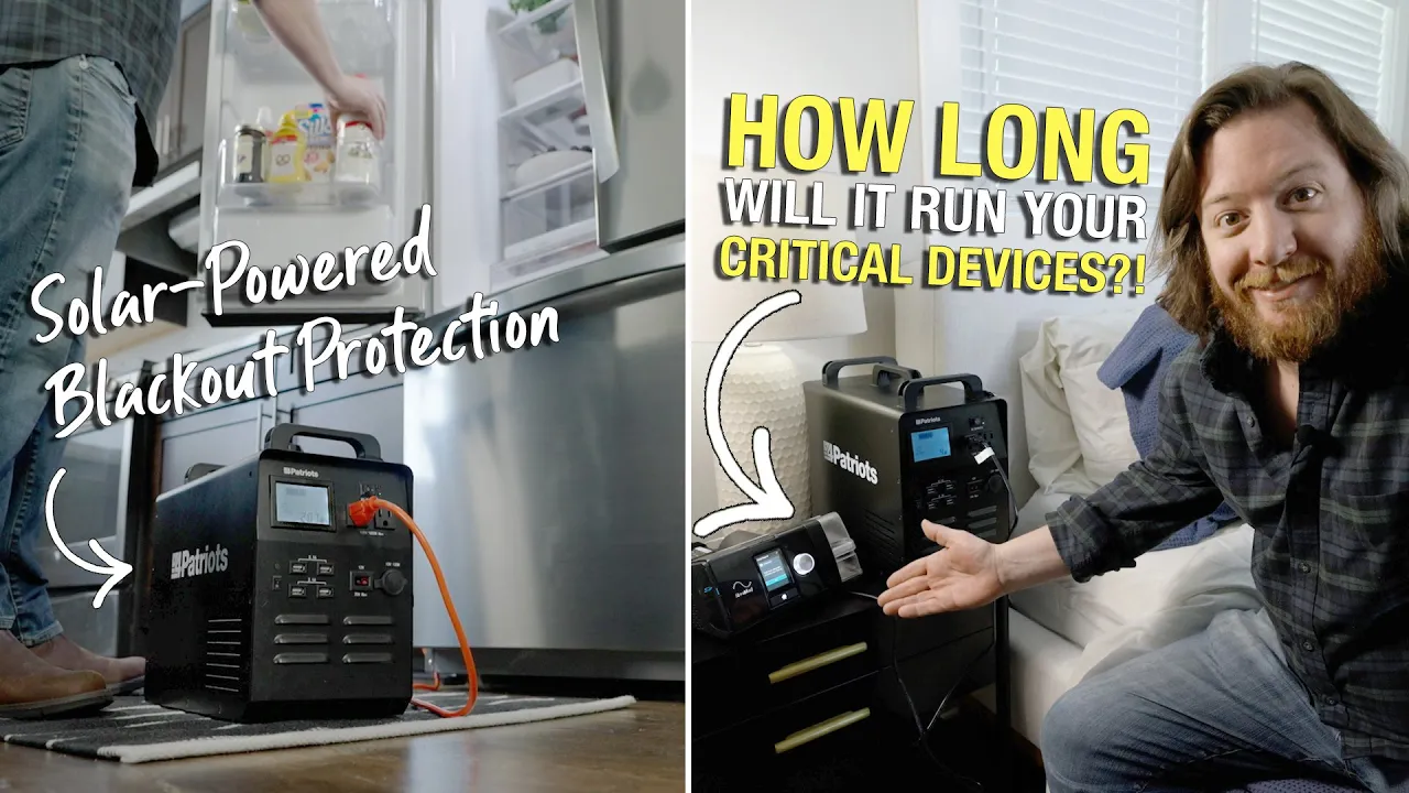 Split image showing a 4Patriots solar generator powering a refrigerator on the left and essential bedroom electronics on the right, with overlay text reading “Solar-Powered Blackout Protection” and “How Long Will It Run Your Critical Devices?!”