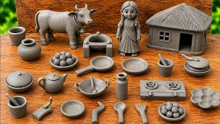 Miniature Clay House washroom making🏘how to make miniature kitchen set with clay☕️tree/charpai 