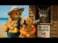 Download Lagu Puppy wants to swim and not allowed for the beach, Mama cat and Ginger make fake cat hat at home 🐾