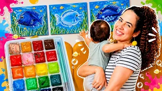 PINTEI + QUADRINHOS pro QUARTO do meu BEBÊ com PALETA DE TINTA GUACHE! Paula Stephânia