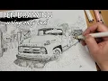 Freehand Ink Drawing Sketch 1950s Ford Mercury Fire Truck