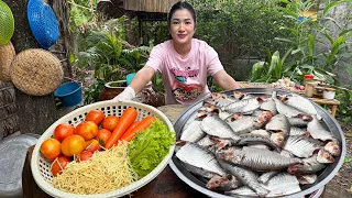 Yummy fry fish baked beans cooking | Village food cooking