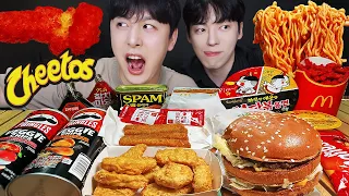 Download ASMR MUKBANG | FIRE NOODLES \u0026 Cheetos, Fried Chicken, burger, Cheese stick,  Convenience, McDonald's MP3