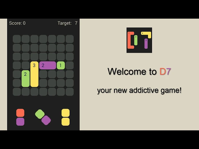 D7: pack the colored Dominoes per 7. Casual game. Relaxing and addictive.