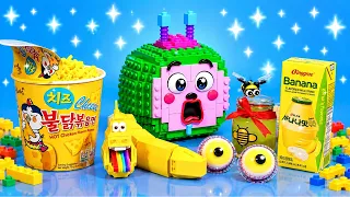 LEGO FOOD in Real Life - Cocomelon Mukbang Korean Noodles & Fast Food | Stop Motion Bricks World