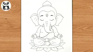 Ganesha sitting on water lotus flower outline pencil drawing | ganesh chaturthi pencil art 