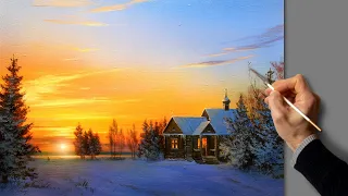 Acrylic Landscape Painting - Winter Sunset / Easy Art / Drawing Lessons / Satisfying Relaxing.
