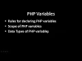 PHP Variables Rules for declaring PHP variables Scope of variables PHP Data Types