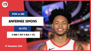 ANFERNEE SIMONS 19 PTS vs SAS 07 Nov 24-25 POR Highlights