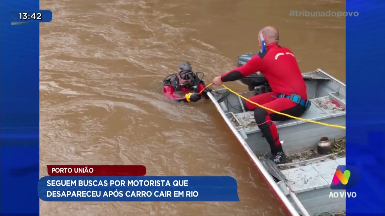 Porto União: Seguem buscas por motorista que desapareceu após carro cair em rio