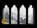 4K Medieval Village Winter Window View - Peaceful Snowstorm Ambience - Relax \u0026 Read by the Fire