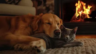 Cozy Cabin with Purring Cat and Dog ASMR | Peaceful Evening Fireplace and Gentle Purr