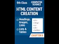 Create Web Content Using HTML Headings Images Links Lists Tables Class 9 Computer Science