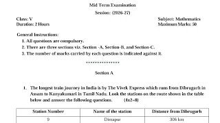 Class-5 Maths / Half Yearly Exam 2026-27 Question Paper Term-1 / Mid Term PM SHRI KVS