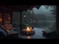 Rainy Lake Balcony with Crackling Fireplace 🌧🔥 (No Ads) Sleep Better & Deep Relaxation