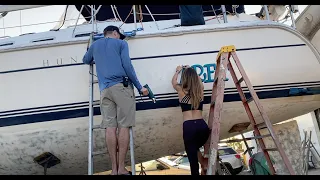 Ep 15:First week at the Boatyard: Sand-Blasting , Removal of Boat Lettering, New Bed Delivered!