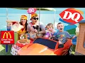 McDonalds Drive Thru vs Dairy Queen Bad Neighbors IRL Kids Driving Cars for Ice Cream DisneyCarToys