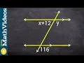 Applying linear pair and corresponding angles to solve for missing variables x and y