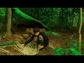 Download Lagu Heavy rain, make a shelter with rocks under the tree, make a basket to catch fish, cook