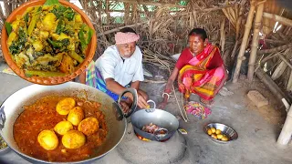 EGG MASALA CURRY & PUI SHAK CURRY cooking for lunch by santali tribe old couple