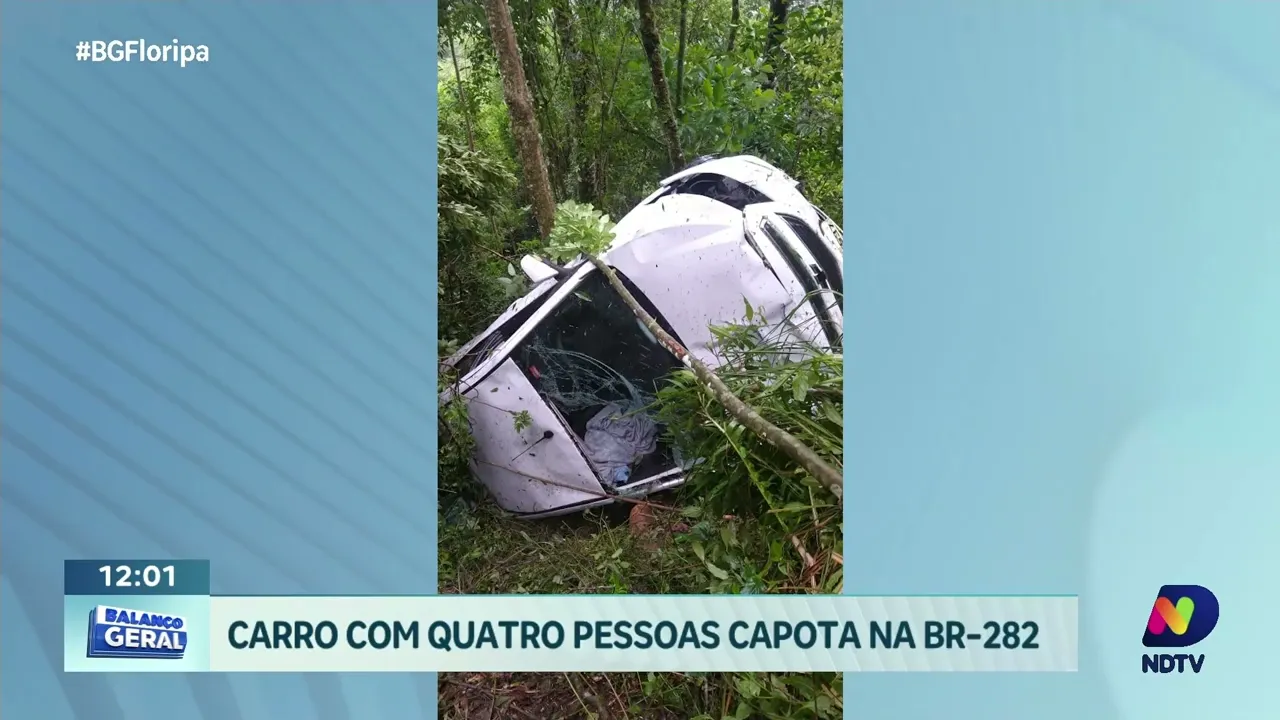 Acidente na BR-282: carro com quatro ocupantes capota em Rancho Queimado