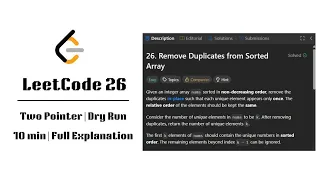26 Remove Duplicates from Sorted Array Two Pointer Full Dry Run LeetCode Easy