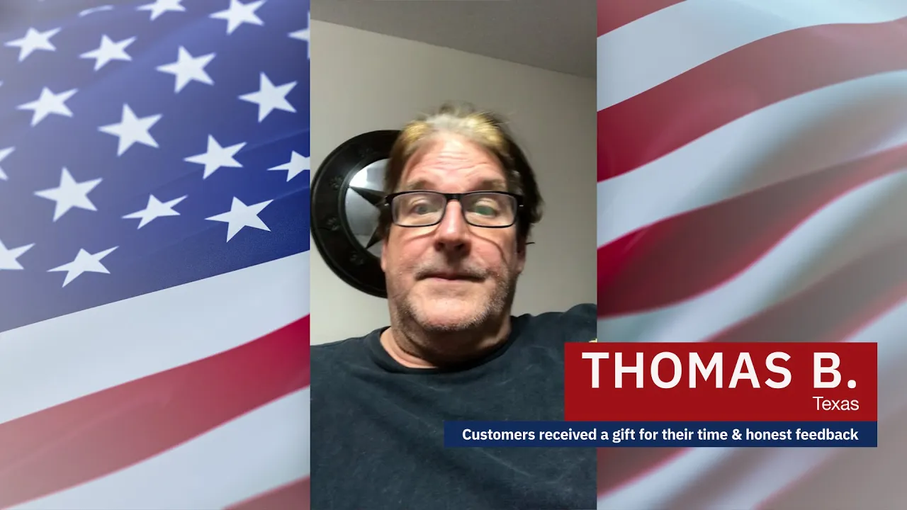 Thomas B. from Texas offers his feedback on 4Patriots Sun Kettle Solar Water Heateremergency supplies in a video testimonial, set against a patriotic flag-themed backdrop.