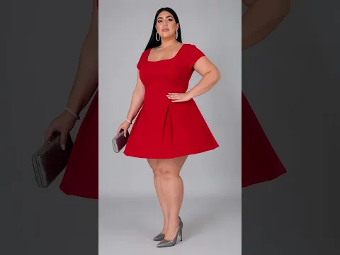 WOVEN SQUARE NECK PLEATED A-LINE RED MINI DRESS CURVE & PLUS #fashion #plussize #style