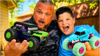 Caleb Builds GIANT Monster Jam Trucks! 🏁 Grave Digger vs Megalodon