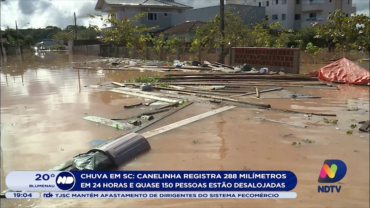 Chuva em SC: Canelinha registra 288 milímetros em 24 horas e quase 150 pessoas estão desalojadas