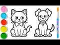 🐈❤️🐕 Tekenen en inkleuren van een vriendschap tussen een kat en een hond voor kinderen #415
