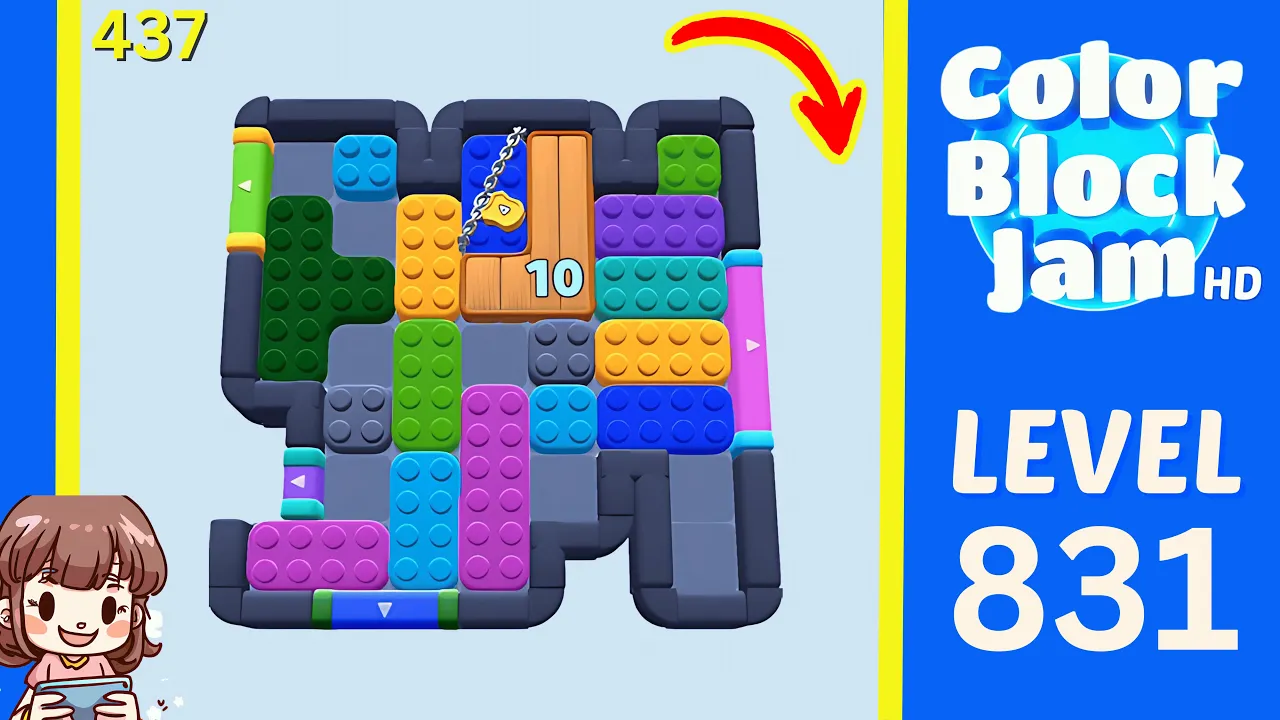 Color Block Jam Level 437 historical Level 831 board with timer 2:25 and upper-center locked crate counter 10 opening frame