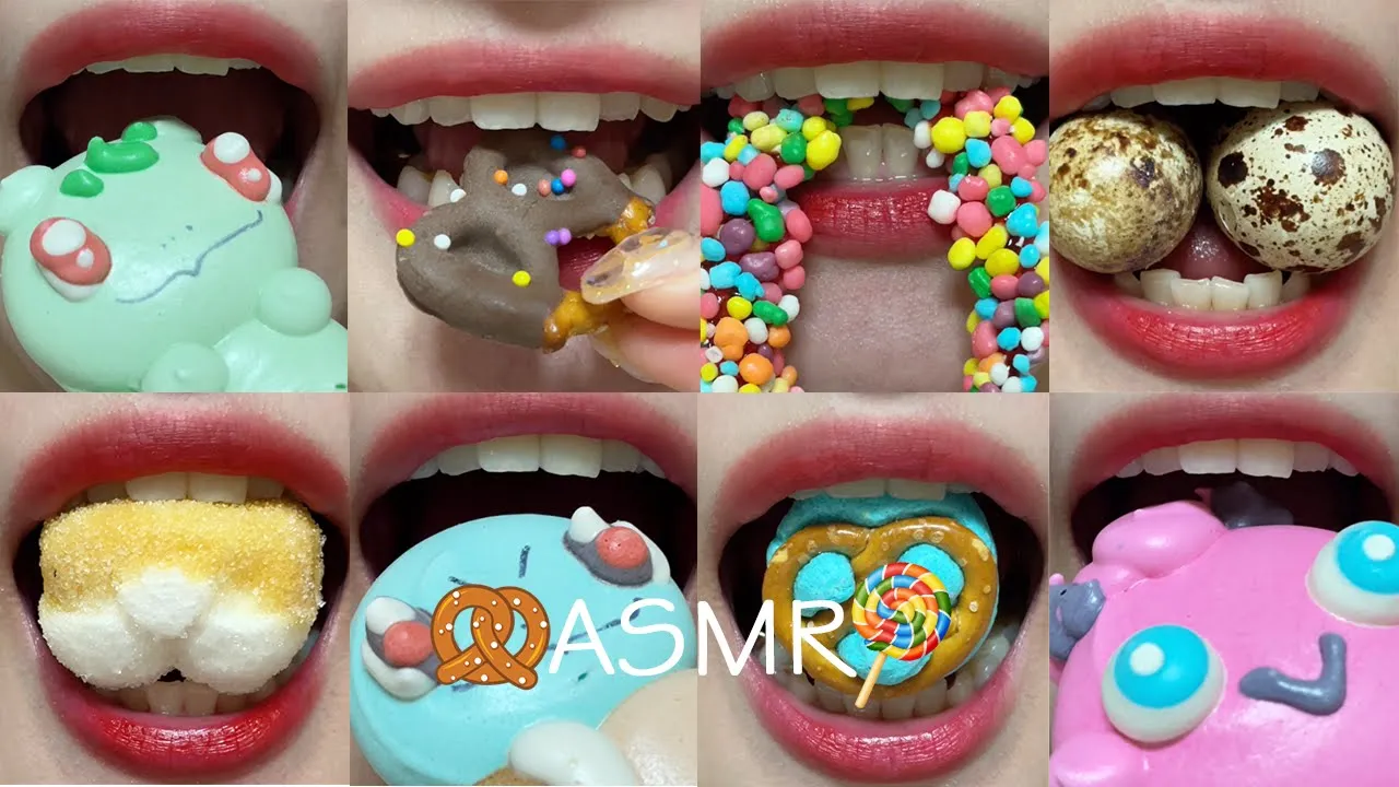 asmr 15FOOD CHARACTER MERINGUE COOKIES COLORFUL JELLY KOHAKUTO MARSHMALLOW eating sounds