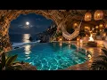 Midnight Autumn Cave Ambience 😴 Ocean Waves, Soft Wind, and Fire Crackles Sounds for Deep Sleep