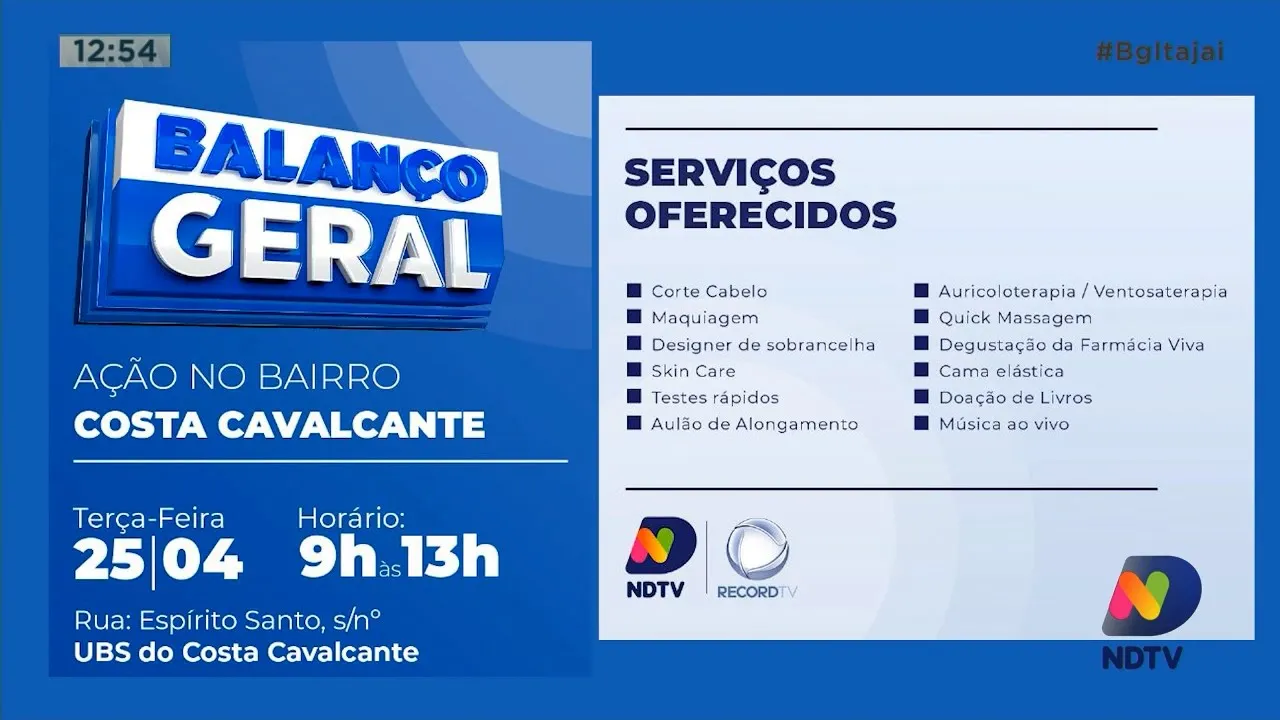 BG nos Bairros da NDTV será na terça, dia 25 de abril, na UBS do Costa Cavalcante