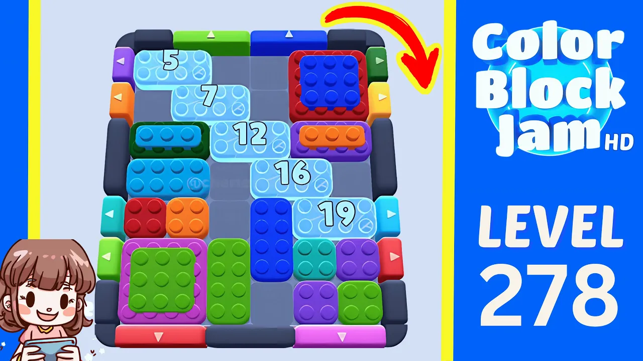 Color Block Jam Level 278 3:35 opening layout with 5/7/12/16/19 ice counters opening frame