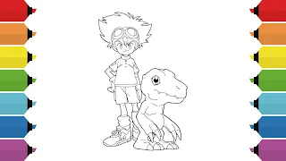 Coloring Digimon Yagami Taichi and Agumon Coloring Page