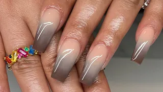 How to do Acrylic Ombre Nails For Beginners Coffin Shape Nail Tutorial Nude and Brown Ombre