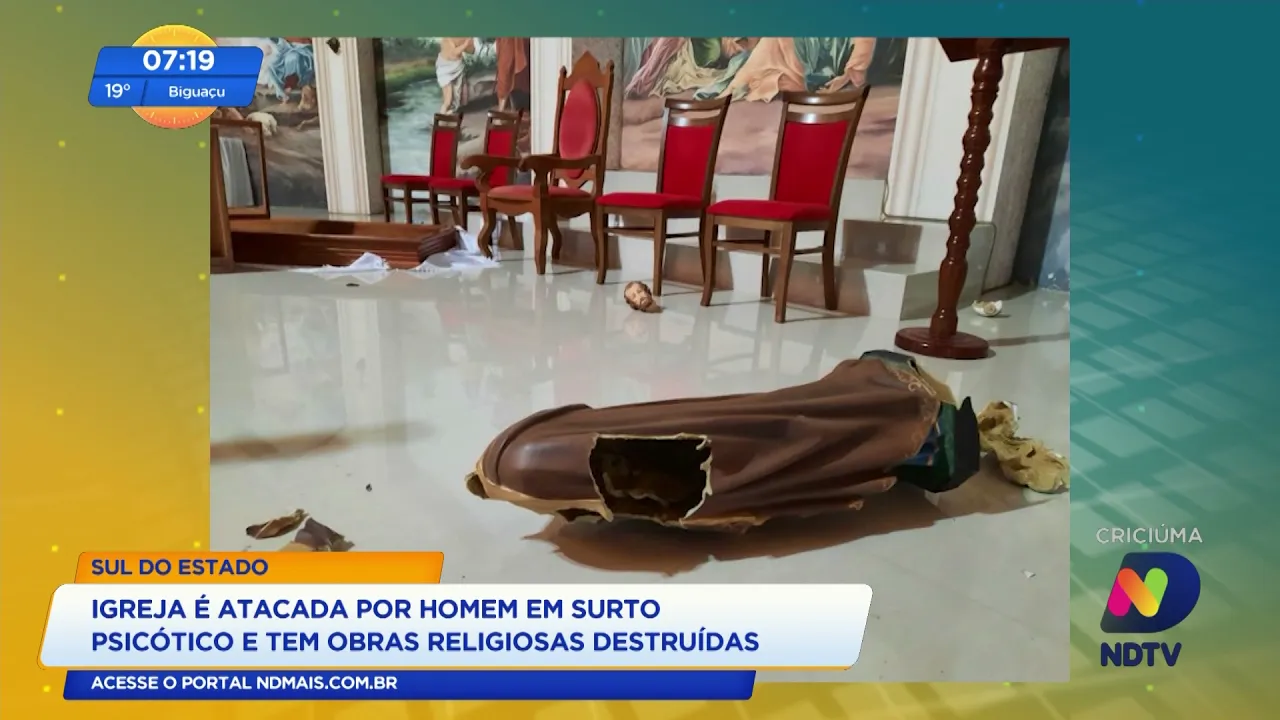 Igreja é atacada por homem em surto psicótico e tem obras religiosas destruídas no Sul de SC