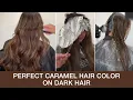 How To Create The Perfect Caramel Hair Color On Dark Hair Foilayage Technique Kenra Color