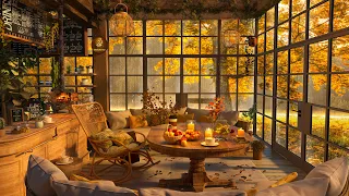 4K Cozy Autumn Jazz 🍂 Sunny Forest Coffee Shop, Warm Fireplace & Relaxing Jazz Piano for Relaxation