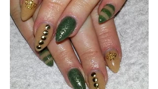 DIY Emerald Green Acrylic Powder Green And Beige Almond Shaped Nails With Studs