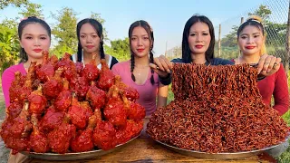 Amazing cooking crispy fired big chicken legs and spicy noodle recipe | Amazing video