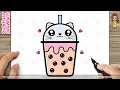 How to Draw a Cute Easy Boba Kitty Cup Bubble Chocolate Tea for Kids Step by Step