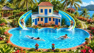 Tropical Pool House With Giant Curved Twin Slides