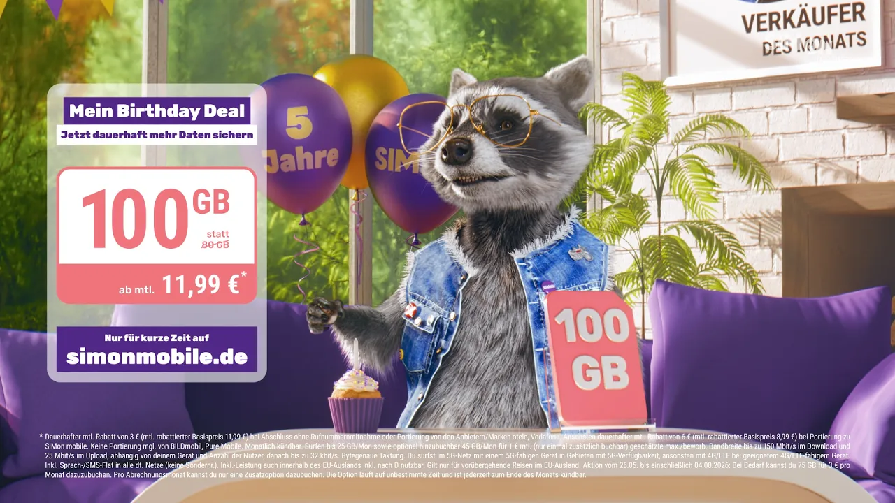 SIMon mobile — Simon Mobile - Birthday Deal: 100 GB for 11.99€ (YouTube video ad)