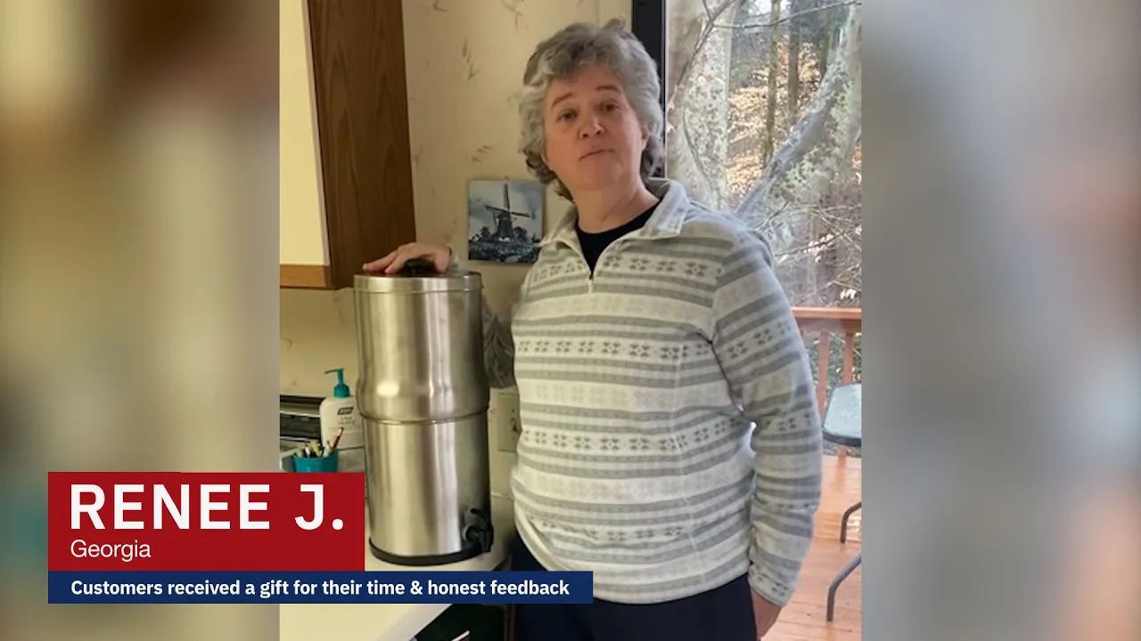 Video thumbnail featuring Renee J. giving positive feedback on the Patriot Pure water filter, used for safe drinking water at home.